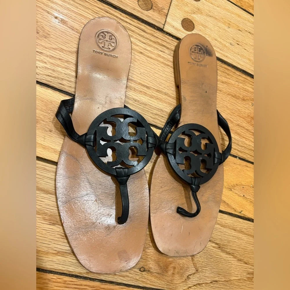 Tory Burch Miller Square Toe Black and Tan Thong Sandals 10.5